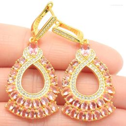 Dangle Earrings 52x23mm Big European Design Jewelry Set 21g Created Pink Kunzite CZ Women Dating 14k Gold Silver Pendant