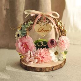 Other Event Party Supplies 1pcs Wreath cushion engagement custom name double bearer rings box Personalised Rustic Flower style Ring Pillow 230821