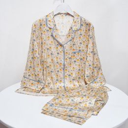 Women's Sleepwear Heavy Silk Pyjamas Mori Printed Mulberry Elastic Satin Seven Sleeve Pants Two Piece Suit Home Clothes Robe Sets