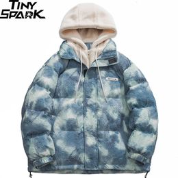 Men's Jackets Men Fleece Hooded Jacket Parka Streetwear Tie Dye Aesthetic Graphic Harajuku Padded Jacket Winter Cotton Windbreaker Warm 230821