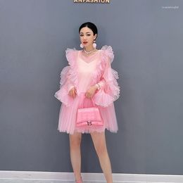 Casual Dresses Mesh Spliced Mini Dress For Girls Student Lovely Summer Short Ruffle Thin See Through Pink Black Tops