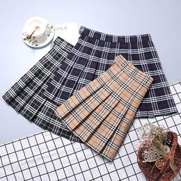 Skirts Contrast Color Plaid Striped Skirt Korean Version of Pleated Skirt Autumn High Waist A Line Plaid Mini Skirt Student Style Sweet W0308