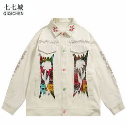 Men's Jackets Vintage Denim Jacket Men Hip Hop Graphic Flower Embroidery Women Harajuku Casual Loose Coat Unisex Streetwear Spring Fall 230818