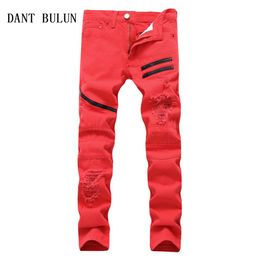 Men Jeans Straight Casual Jeans Fashion Design Slim Elasticity Men Pants Zipper White Red Black Long Trousers TS0092803