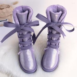 Boots Waterproof Women Shoes Fashion Long Winter Lace Up Genuine Leather Snow Lady