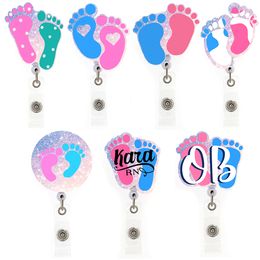 10 Pcs/Lot Fashion Key Rings Medical Office Supply NICU Baby Nurse Acrylic Badge Holder Baby Feet RN Badge Reel Retractable For Nurses Accessories