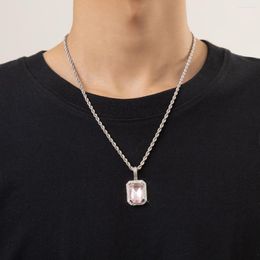 Pendant Necklaces KunJoe Stainless Steel Square Pink Crystal Necklace For Men Punk Hip Hop Shiny Rhinestone Twist Chain Choker