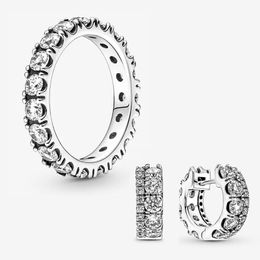 Double Band Hoop Earrings Row Eternity Ring Set for Pandora 925 Sterling Silver designer Jewellery set Diamond Wedding Rings for Women Luxury earring with Original Box