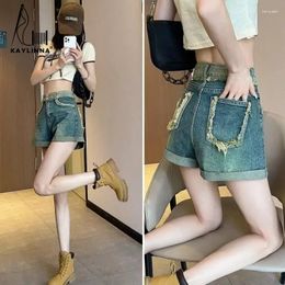 Women's Jeans Curled Denim Shorts For Ins Trendy Casual High Waisted Contrasting Fur Edge Fashion Slimming A-line Wide Leg