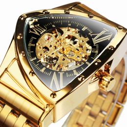 Other wearable devices WINNER Triangle Gold Skeleton Automatic Watch for Men Top Brand Luxury Stainless Steel Strap Fashion Sports Mechanical Watches x0821