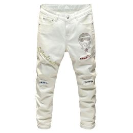 Sokotoo Men's fashion crystal patchwork white jeans Streetwear slim fit patch design stretch denim pants331A