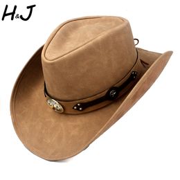Wide Brim Hats Bucket 100% Leather Men Western Cowboy Hat Gentleman Dad Fedora Church Sombrero Hombre Jazz Cap Big Size XXL Drop 230821