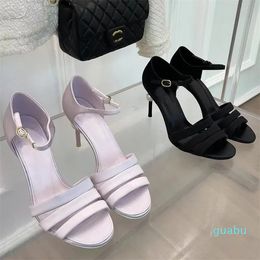 designer womens luxury Pearl sandals women Satin material Elegant temperament Black white one word buckle shoes ladys sexy Back heel high heels sandal