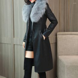 Women's Leather Wool Fur Collar Autumn Winter PU Women Add Velvet Thickening Long Coat Koreanof 2023 Coats