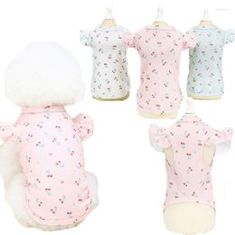 Dog Apparel Cherry Print Pet Clothes White Pink Flying Sleeve Hoodies Girls Sweatshirt For Small Dogs Bichon Puppy Cat Bottoming Shirt L