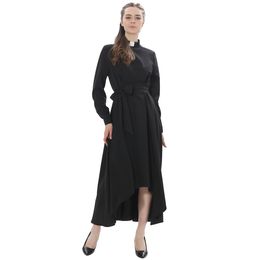 Catholic Church Women Clergy Dress Long Sleeve Loose Elegant Priest Maxi Dresses with Tab Insert Collar and Belts