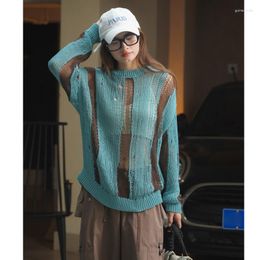 Women's Sweaters Autumn Women Patchwork Hollow Out Knit Sweater Round Neck Loose Long Sleeve Lightweight Knitted Pullovers Tops