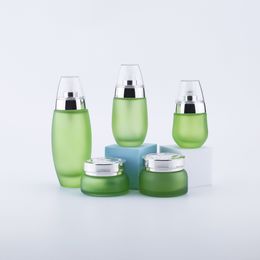 100PCS Green Frosted Glass Emulsion Refillable Ointment Bottles Empty Cosmetic Jar Pot Eye Shadow Face Cream Container