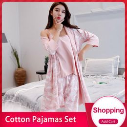 Women's Sleepwear Cotton Pajamas Set For Women 3pcs/set Print Nightwear Ladies Pijama Suit Robe Top Pants Homewear Pyjamas Femme