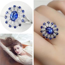 Cluster Rings Luxury Crystal Blue Flower Ring For Princess Wedding Accessories Vintage 925 Silver Women Jewellery Adjustable Finger Bijou