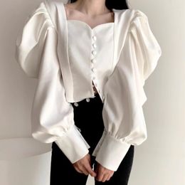 Women's Blouses Court Style Square Collar Spring Black White Shirt 2023 Autumn Puff Long Sleeve Single-Breasted Solid Short Crop Top