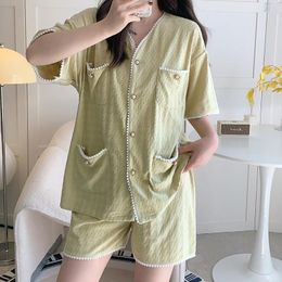 Women's Sleepwear Pyjamas Cotton V Neck Two Piece Sets Summer Kawaii Pyjamas Nightwear Homesuit Pijamas Print Shorts