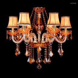 Chandeliers European Retro Luxury Villa El Room Crystal Chandelier American Amber Color Candle Lit Lotus Living Glass Pendent Lamp