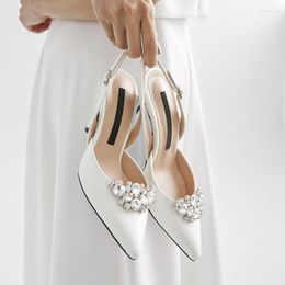 Sandals 6cm Fashion Satin Pointed Toe With Rhinestone High Heels Ankle Wrap White Wedding Bride Women Shoes 40 41