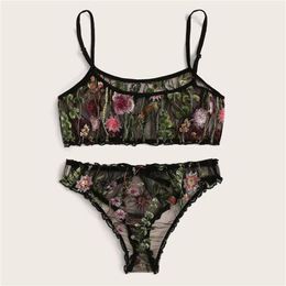 Women's Sexy Lingerie Set Floral Embroidered Sheer Mesh Bra Panty 2 Piece Nightwear Set 2020 New2443