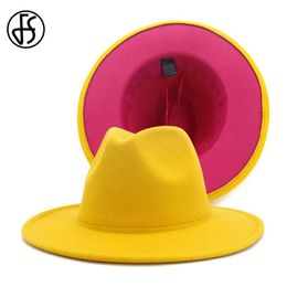 FS Yellow Rose Patchwork Wool Felt Jazz Fedora Hats Women Unisex Wide Brim Panama Party Trilby Cowboy Cap2117