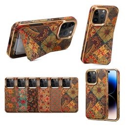 Luxury Plating Ethnic Pattern Vogue Phone Case for iPhone 15 14 13 12 Pro Max Durable Senior Magnetic Invisible Bracket Card Slot Wallet Flower Print Wood Back Cover