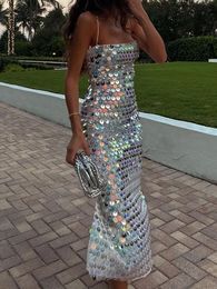 Women s Jackets 2023 Fashion Midi Bodycon Dress Sequins Spaghetti Strap Sleeveless Sling Cocktail Summer Backless Party Club 230821