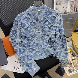 Women s Jackets Sandro Rivers Frayed Star 3D Patterned Denim Jacket for Women with Versatile Tassels Loose Fit Slimming Effect and Short Length 230821