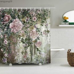 Shower Curtains Romantic Retro Blooming Flowers Shower Curtain Garden Bath Curtains Waterproof Polyester Bathroom Shower Curtains Set with R230821