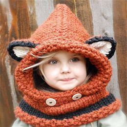 Fox design winter beanies windproof hats and scarf set for kids children crochet headgear soft warm hats 3 design 236S