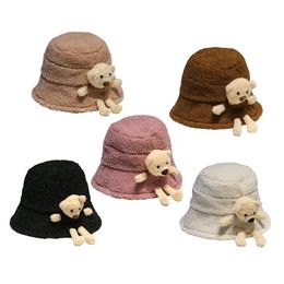 Korean Style Women Winter Fluffy Plush Warm Bucket Hat Cute 3D Stuffed Teddy Bear Wide Brim Harajuku Outdoor Panama Fisherman Ca237Y