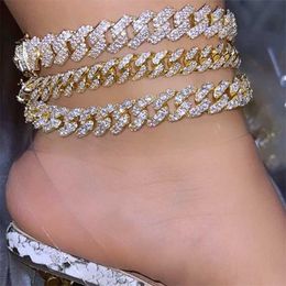 Hip Hop Iced Out Full Rhinestone Paved Cuban Chain Anklets for Women Luxury Miami Link Ankle Bracelet Summer Beach Jewelry 230719