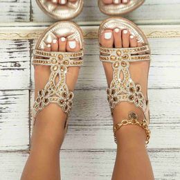 Sandals Elastic Band Sandals Women Casual Crystal Floral Flat Beach Shoes Open Toe Low Heels Leather Ladies R230821