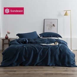 Bedding sets Sondeson Beauty 100% Silk Dark Blue Bedding Set 25 Momme Silk Healthy Skin Luxury Duvet Cover Bed Linen Double Queen King Set 230818