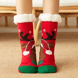 Women Socks Floor Mid-calf Sherpa Lining Stretchy Soft Christmas Reindeer Pattern Non-slip Winter Thermal Home Sleeping