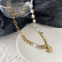 Chains Peach Heart Brass Plated Gold Necklace Decorated With Baroque Freshwater Pearls Joker.