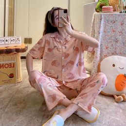 Women's Sleepwear Lapel Autumn Pajamas Women 2023 Cute Cartoon Short-sleeved Trousers Home Service Two-piece For Plus Size Lingere