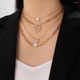 Pendant Necklaces Vintage Artificial Pearl Geometric Crystal Heart Shaped Necklace For Women Female Fashion Multilevel Punk Chain Jewellery