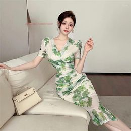 Ethnic Clothing 2023 Traditional Chinese Vintage Dress Feminino Streetwear Flower Print V-neck Mesh Elegant Banquet Evening Vestido