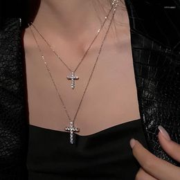 Pendant Necklaces Minar Neo-gothic Shiny Full Rhinestones Cross For Women Silver Plated 0-chain Double Layered Sweater Chain