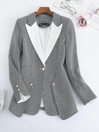 Women's Suits Grey Plaid Office Ladies Blazer Jacket Women Long Sleeve Single Button Female Formal Coat For Autumn Winter