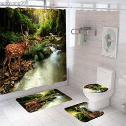 Shower Curtains Forest Bathroom Shower Curtain Set Waterproof Bath Curtain Sets Toilet Cover Non-Slip Mat Rug Carpet Set Home Decor Accessories R230821