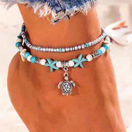 Anklets Vintage Sea Turtle Starfish Shell Beads Anklets For Women Multilayer Anklet Leg Bracelet Handmade Bohemian Jewellery 230821