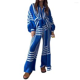 Women's Two Piece Pants Women Casual Two-piece Set Puff Sleeve Top Wide-leg Trousers Chic Striped Outfit Pleated Lapel Shirt Lantern