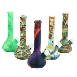 DHL 7.4'' Glow in the dark beaker water pipe unbreakable printing Silicone Bongs with glass bowl silicone water pipe for smoking bongs LL